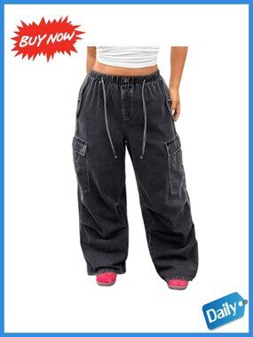 Plus Size Baggy Wide Leg Cargo Jeans High Rise Drawstring Denim Pants